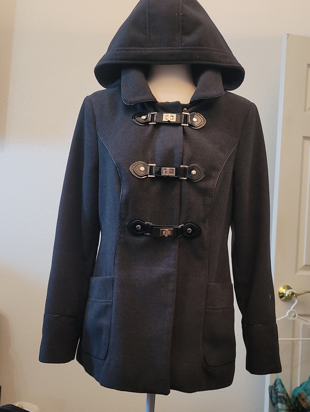 Style & Co. Black Hooded Toggle Front Pea Coat